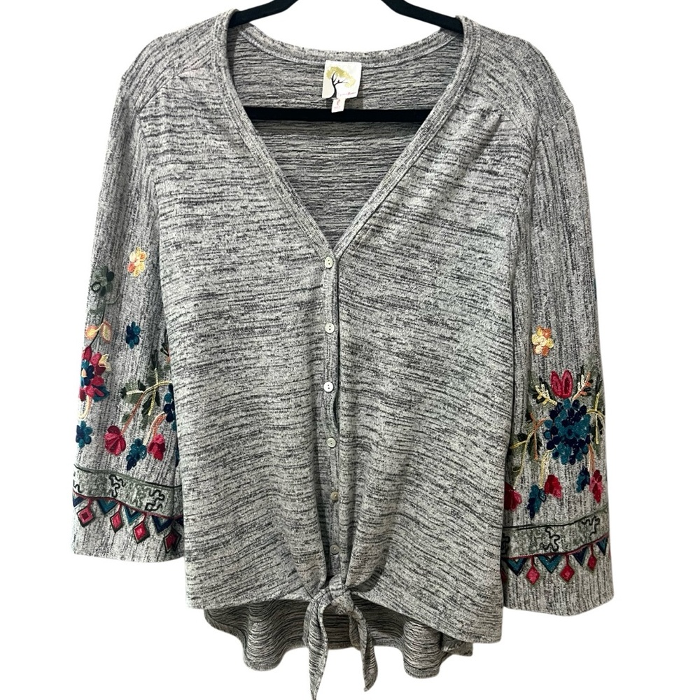 Anthropologie Gray Button-Front Tie-Hem Top with Embroidered Floral Sleeves